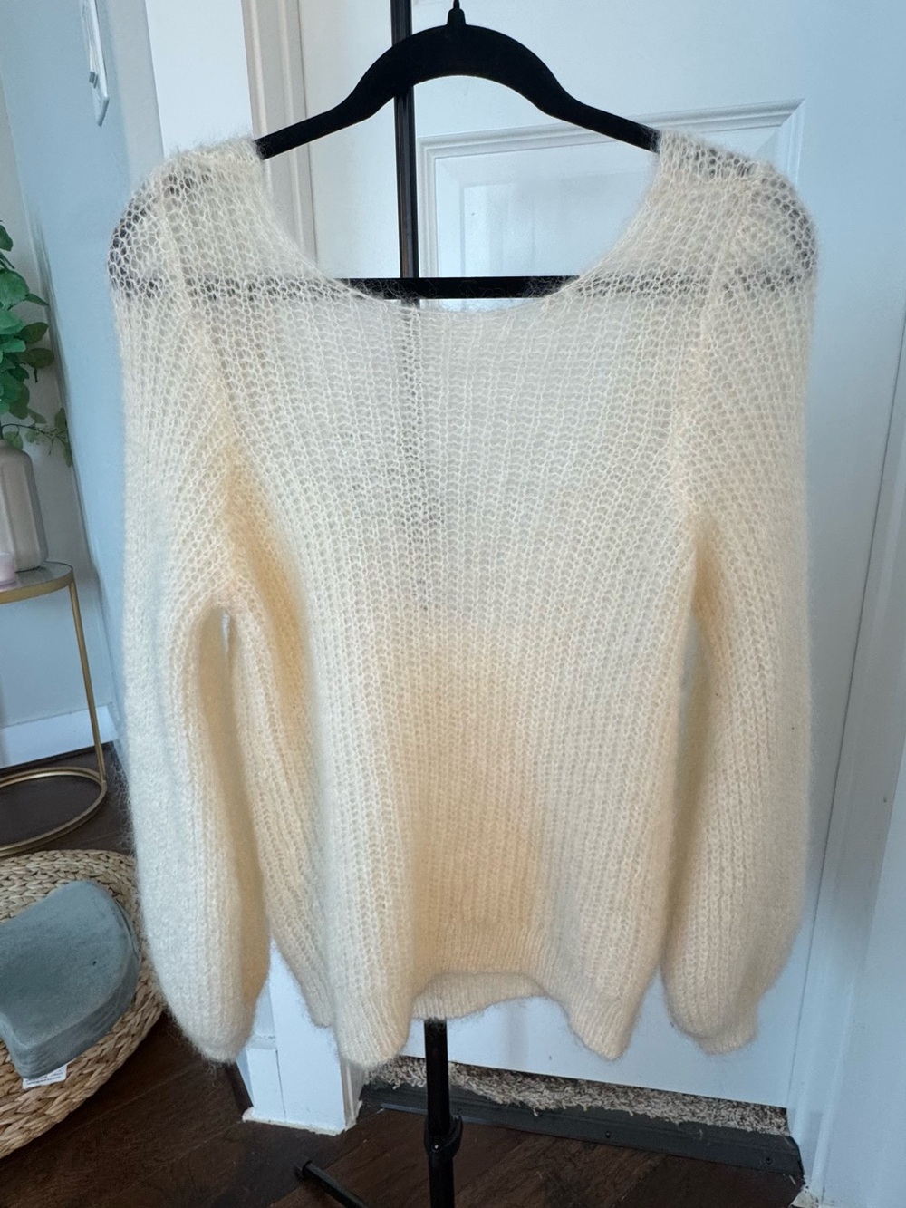 Sezane Cream Fuzzy Scoop-Neck Sweater